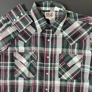Vintage Ely Cattleman‎ Pearl Snap Button Down Shirt Men's M Western Green Plaid